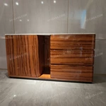 Contemporary High-Gloss Natural Wood Veneer Sideboard with White Marble Top, Double-Door Storage and Three Wide Drawers